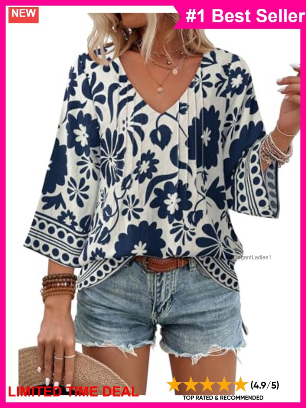 Boho Floral V-Neck 3/4 Bell Sleeve Loose Fit Tunic Blouse